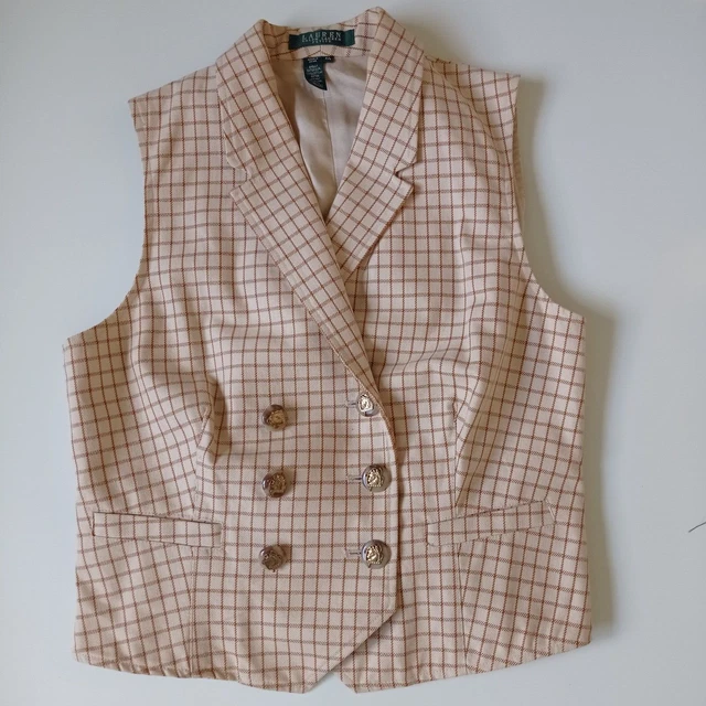 Womens  Laruen RL Equestrian Button Plaid Double Breast Slim Fit Riding Vest PL