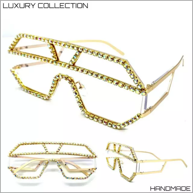 Oversize Retro Shield Style Clear Lens SUN GLASSES Gold Frame Crystals Handmade!