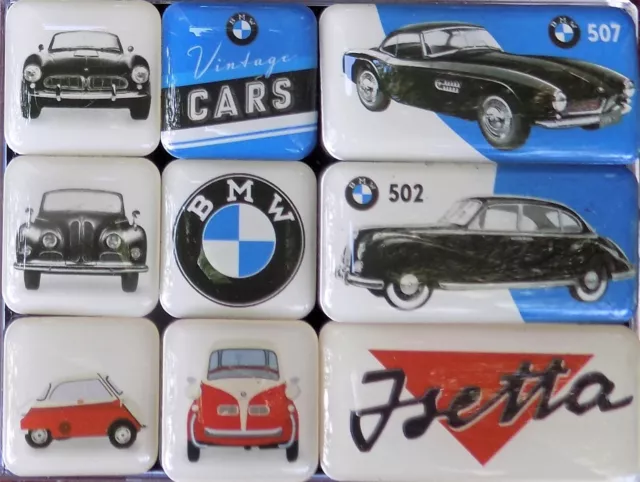 MAGNET SET boite de 9 mini magnets aimants BMW VINTAGE CARS