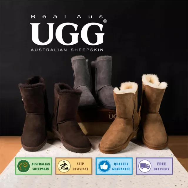 Ugg Real Aus 100% Australian Sheepskin Wool Women 9" One Button Boot Chestnut