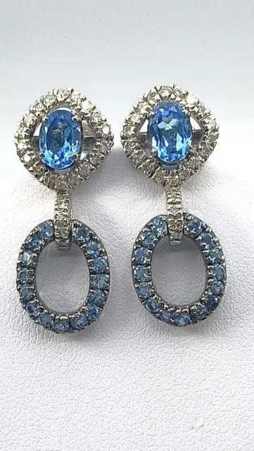 2.00 CT NATURAL DIAMOND, blue topaz dangle drop STUD earrings 18k white ...