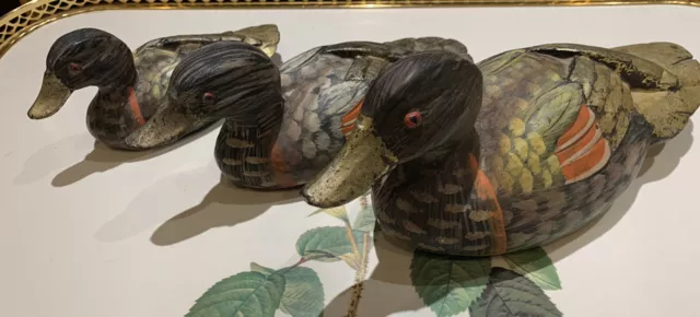 A Set Of 3 Wooden Coloured Ducks