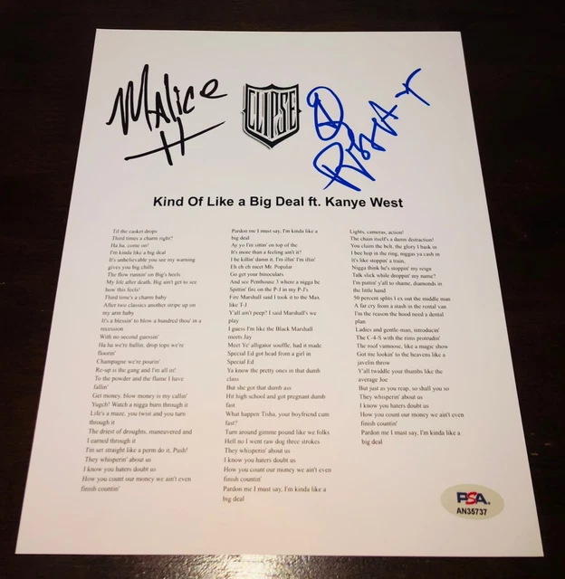 Pusha T Malice Clipse Kind Of Like A Big Deal Dual Signed Lyric Sheet Kanye PSA