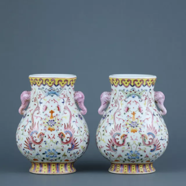 5" Old dynasty Porcelain qianlong mark famille rose Phoenix flowers plants vases