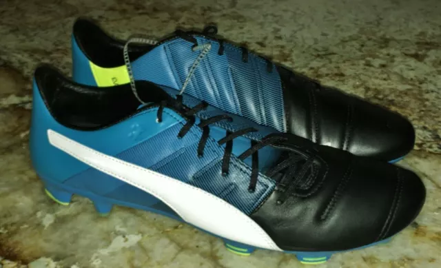 PUMA evoPower 1.3 Leather Black Blue White FG Soccer Cleats Boots NEW Mens 12 13