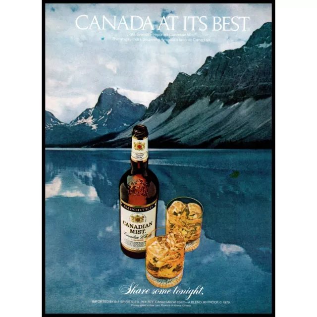 1982 Canadian Mist Whisky Vintage Print Ad Bow Lake Alberta Rocky Mountains Art