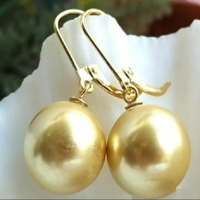 Fashion round shell pearl 14k yellow gold Handmade earrings Easter Beautiful 2