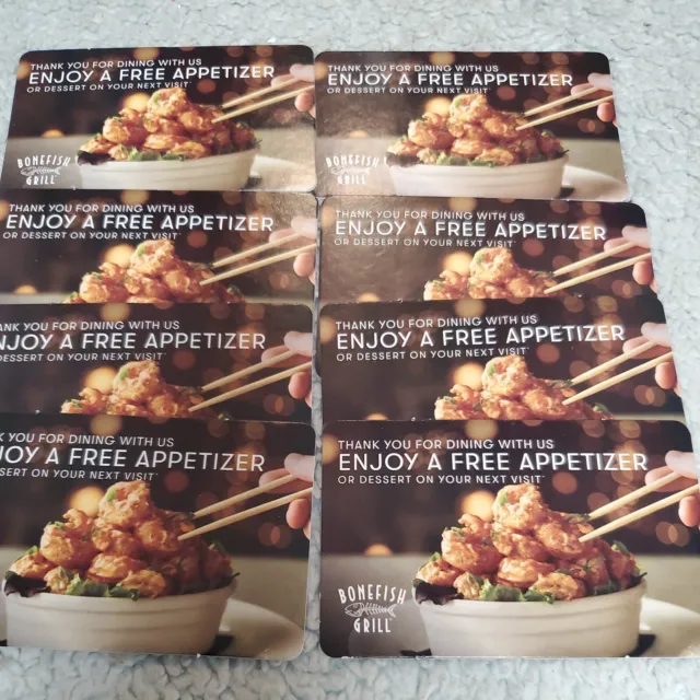 Lot of 8 BONEFISH GRILL FREE APPETIZER or DESSERT CARDS *NO EXPIRATION*