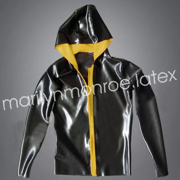 100%Latex Pure Gummi Rubber Gelb&Schwarz Hoodie Coat Top 0.4mm Zip Suit S-XXL