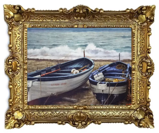 Wunderschönes Gemälde Bilder Barock Antik Repro Rahmen Boote Strand 56x46 cm 70