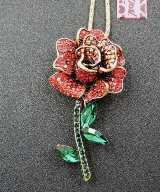 Betsey Johnson Shiny Red Crystal Rose Flower Pendant Necklace Brooch NWT