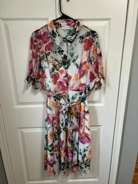 Calvin Klein Pink Floral  Print Midi Button Front Shirt Dress size 12