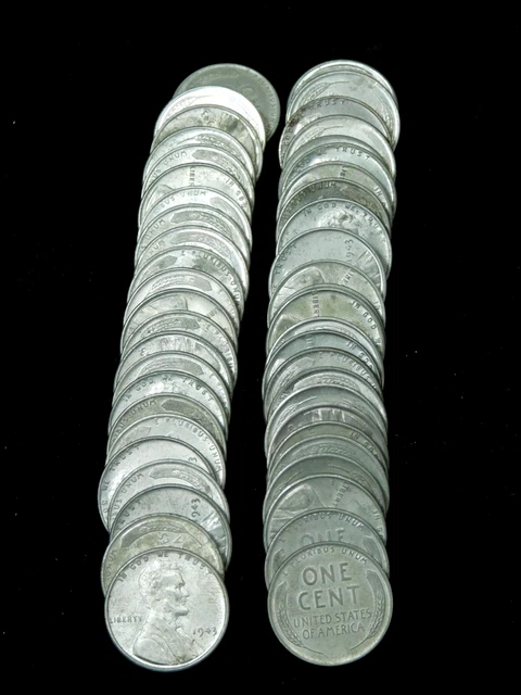 1943-P Lincoln Wheat Steal Cent Roll - 50 AU + Steel Penny's