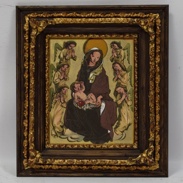 Antica litografia Maria con Bambino e angeli colorata a mano 40x35 cm