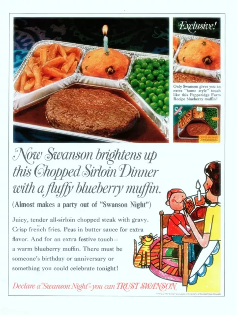 1966 Swanson TV Dinner Vintage Print Ad Birthday Candle Cartoon Cat Muffin