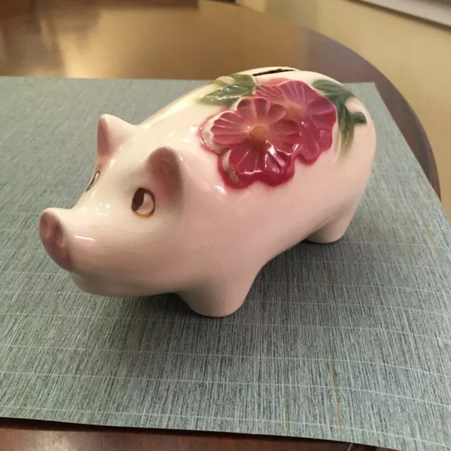 Vintage Antique Hand-Painted No Hole Ceramic Floral Piggy Bank, EXCELLENT!