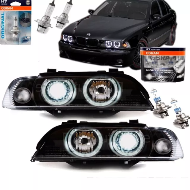 H7/H7 Angel Eyes Scheinwerfer Set Schwarz 95-03 + Osram Birnen passt für BMW E39