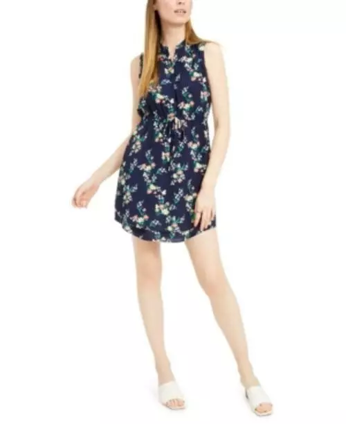 $70 Maison Jules Printed Double-Hem Sleeveless Dress Navy Size XS