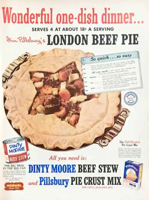1952 Dinty Moore Beef Stew Pillsbury Pie Crust PRINT AD London Beef Pie Recipe