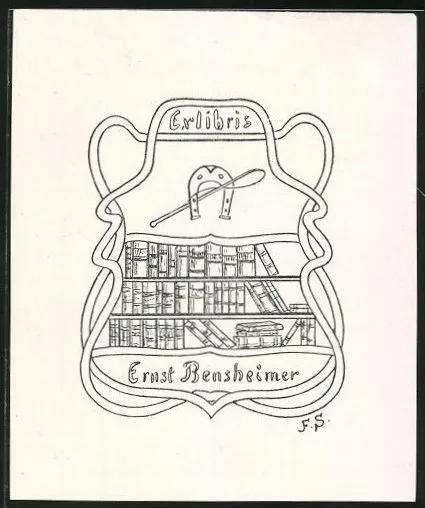 Exlibris Ernst Bensheimer, Hufeisen & Reitgerte über einem Bücherregal