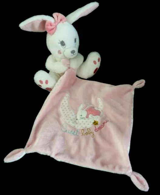*. DOUDOU PELUCHE SIMBA LAPIN BLANC ROSE MOUCHOIR Sweet baby dreams lune NEUF*
