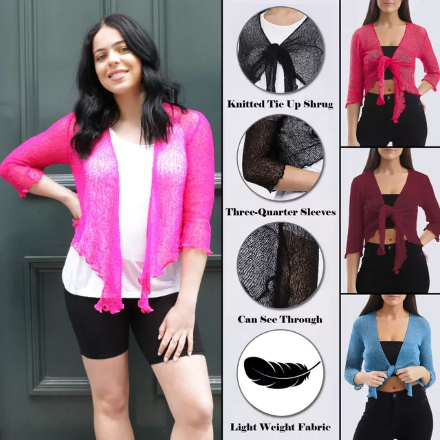 Womens Tie Up Open Front Shrug Ladies Knitted Cropped Bolero Short Cardigan Top