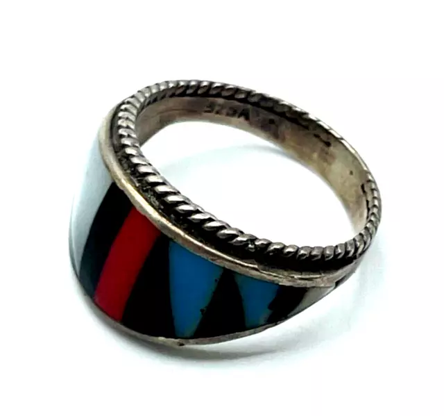 925 Sterling Silber Ring Zuni Indianerschmuck Edelstein Inlay Handarbeit Ø 16 mm