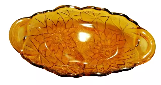 Vintage Amber Glass Dish Tray Sunflower Relish Pickle Nuts Banana Split