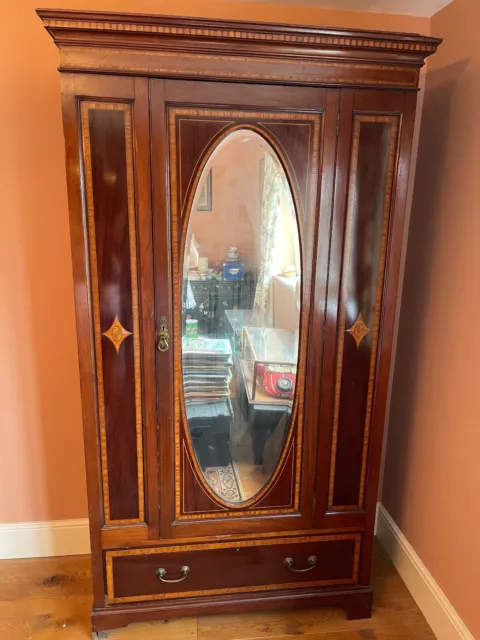 Antique Victorian Single Mirror Inlaid Mahogany Wardrobe