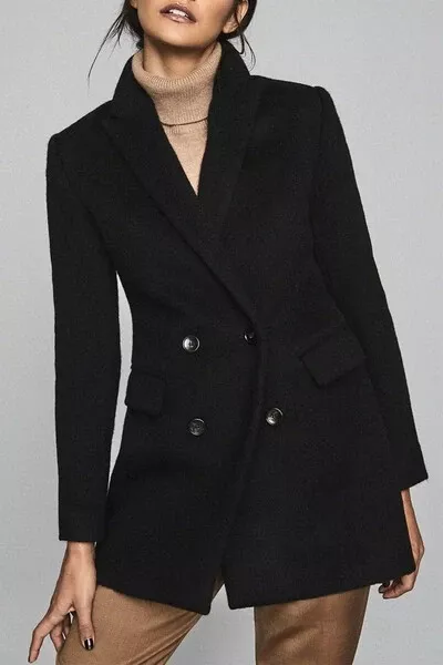 New Reiss Marloe Texture Double Breasted Coat Jacket Wool Pocket Black Us Size 8