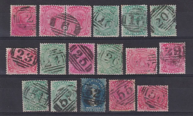 TASMANIA  1870-90s: 16 Barred Numerals · un-rated but mainly clear strikes
