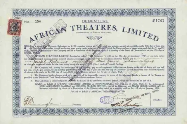 African Theatres Limited 1928 Johannesburg Süd Afrika South Africa 100 Sterling