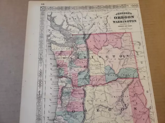 Johnson's 1864 Large colored map of Oregon and Washington 3