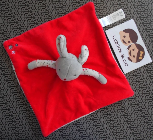 DOUDOU OB OBAIBI OKAIDI LAPIN PLAT ROSE ROUGE GRIS ETOILES 25 cm D813
