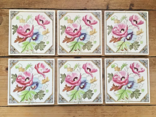 6 Aesthetic Movement W & E Corn Reclaimed Fireplace Floral Tiles Minton Interest