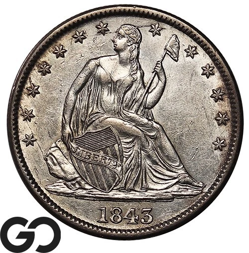 1843 Seated Liberty Half Dollar, Choice Uncirculatead++, Neat Obverse Die Break