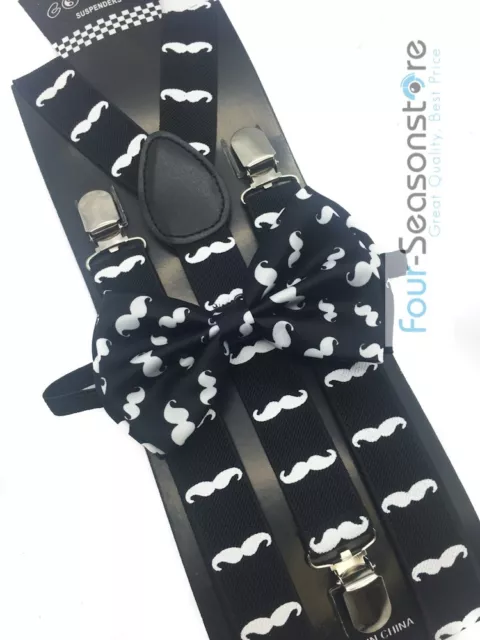 Black Mustache Bow Tie And Suspender Matching Set Tuxedo Wedding Accessories