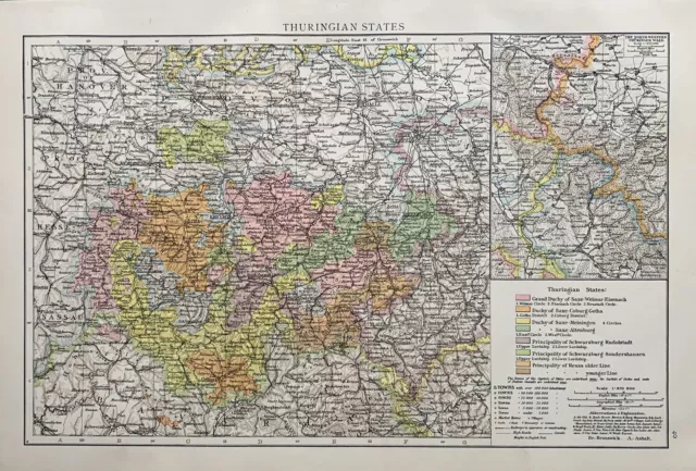 1896 Thuringia Original Antique Map 125 Years Old