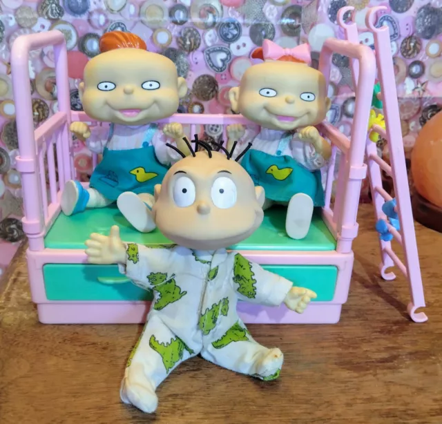 Vintage 90's Rugrats Tommy Phil & Lil 4" Doll Set Crib Reptar Pajamas...