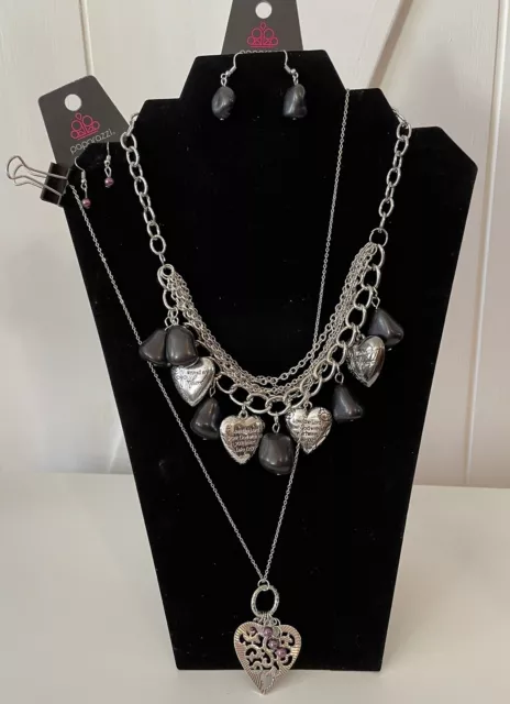 Paparazzi Jewelry Lot 4 Pc Set Black & Silver Earrings & Heart Necklaces NWT