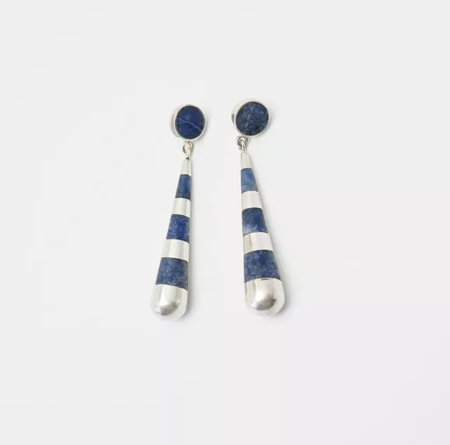 Divertimento Moderno Argento Sterling Lungo a Righe Goccia Blu Lapis Orecchini