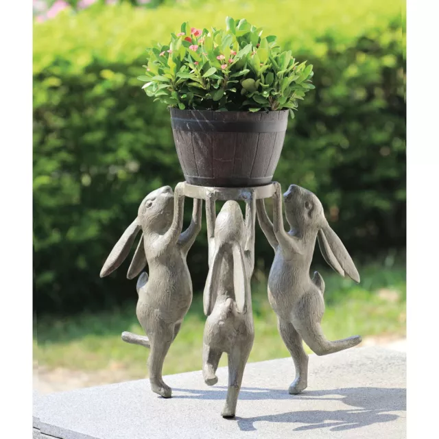 Dancing Rabbit Plant Stand - Cast Aluminum Bunny Statue Flower Pot Stand