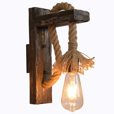 Applique lampada da parete in legno e corda di canapa E27 stile vintage country