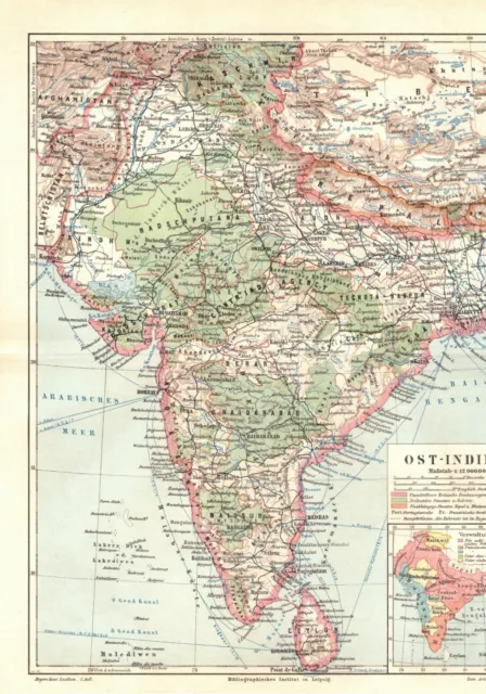 Ostindien, alte historische Landkarte mit Beiblatt, Lithographie um 1900 (D162) 2