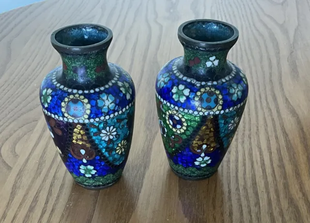 Pair of antique miniature Cloissone vases