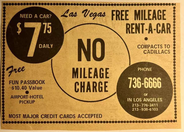 Las Vegas Nevada 1969 Advertising Clipping Free Mileage Rent A Car Vintage