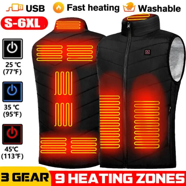 9 Zone Men USB Electric Heated Vest Jacket Warm Up Heating Pad Cloth Body Warmer