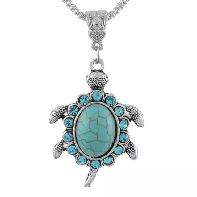 Charm Boho Turquoise Rhinestone Turtle Pendant Necklace Chain Women Men Jewelry