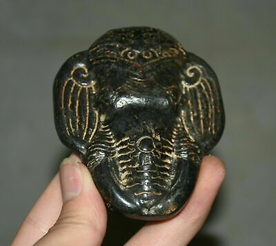 3.2" Rare Hongshan culture Old Jade (Black Meteor) Carved Elephant Head Pendant 2