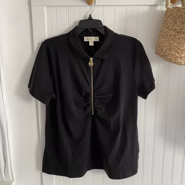 Michael Kors Women’s Black Collared Zip Front Top Blouse Logo Sleeve XL NEW $68